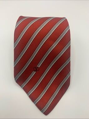 Vintage Valentino Red Diagonal Stripe Silk Tie with White and Gray Accents